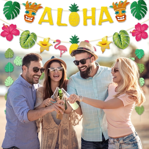 Aloha Banner Guirlande Glitter Papier Tropisch Luau Feest Decoratie Flamingo Ananas Palmblad Hibiscus Hangende Ornamenten