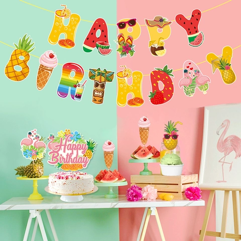 Tropisches Geburtstagsbanner Und Kuchendekoration Hawaii Frucht Thema Sommer Party Zubehör Papier Flamingo Ananas Neuheit