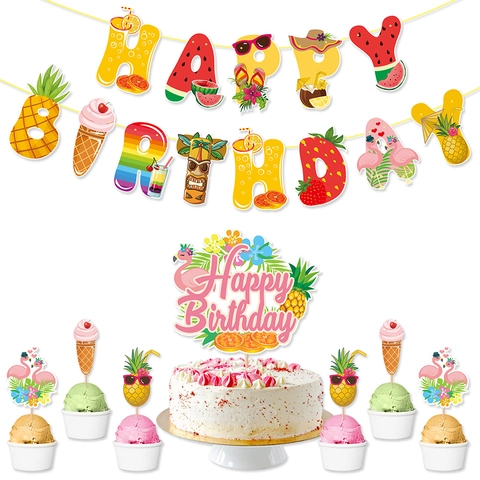 Tropisches Geburtstagsbanner Und Kuchendekoration Hawaii Frucht Thema Sommer Party Zubehör Papier Flamingo Ananas Neuheit