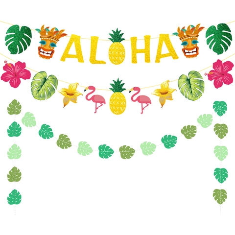 Aloha Banner Guirlande Glitter Papier Tropisch Luau Feest Decoratie Flamingo Ananas Palmblad Hibiscus Hangende Ornamenten