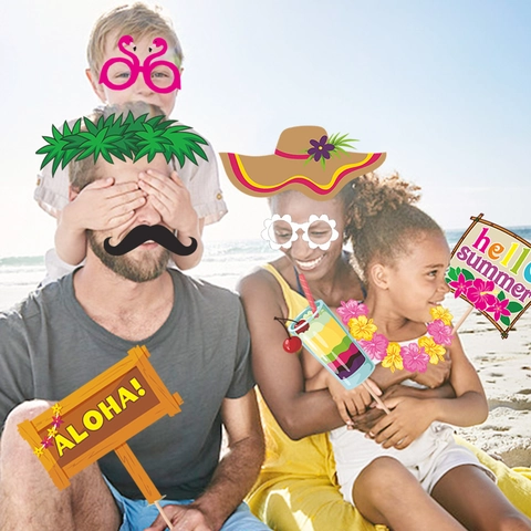Hawaii Beach Party Photo Booth Props Tropical Luau Tiki Summer Theme Cardboard Mask Sunglasses Decorations On Sticks