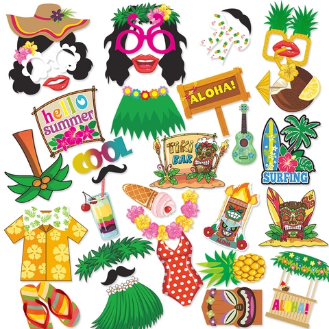 Hawaii Beach Party Photo Booth Props Tropical Luau Tiki Summer Theme Cardboard Mask Sunglasses Decorations On Sticks
