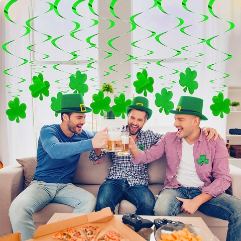 Shamrock Hanging Swirl Decorations St Patrick's Day Party Ornaments Shiny Green PVC Glitter Foil Irish Festival Decor