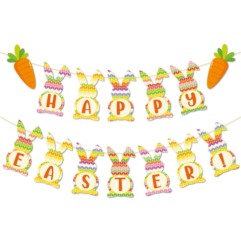 Easter Bunny Banner Colorful Paper Garland Happy Easter Lettering Carrot Shape Party Decoration Home Ornament Festive