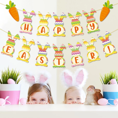 Easter Bunny Banner Colorful Paper Garland Happy Easter Lettering Carrot Shape Party Decoration Home Ornament Festive