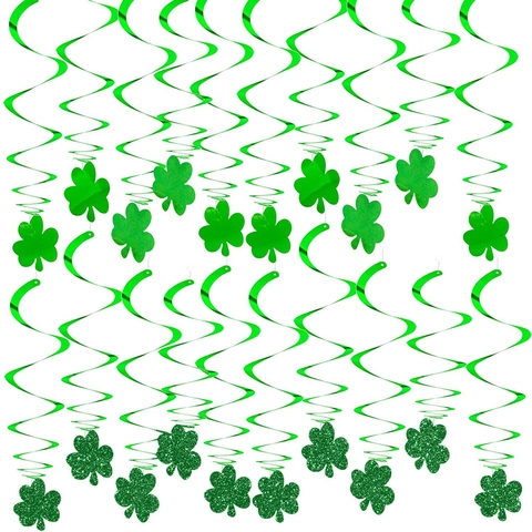 Shamrock Hanging Swirl Decorations St Patrick's Day Party Ornaments Shiny Green PVC Glitter Foil Irish Festival Decor