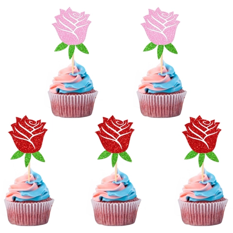 Rose Flower Cake Toppers Glitter Paper Picks For Valentine's Day Wedding Birthday Party Dessert Decoration Pink Red