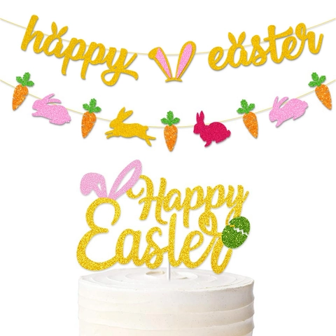 Happy Easter Birthday Party Banner Cake Topper Glitter Paper Bunny Carrot Garland Decorations