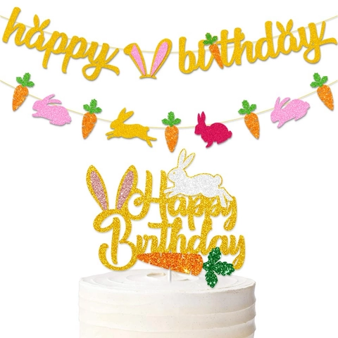 Happy Easter Birthday Party Banner Cake Topper Glitter Paper Bunny Carrot Garland Decorations
