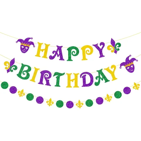 Mardi Gras Happy Birthday Banner Purple Green Gold Glitter Paper Bunting Fleur De Lis Mask Garland Party Decoration