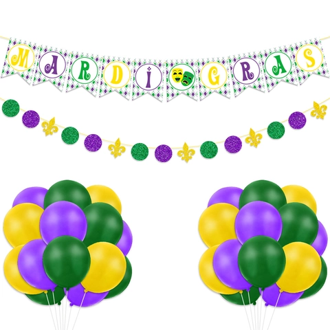 Mardi Gras Feestdecoratie Glitter Papier Banner Ballonnen Slinger Carnaval Viering Paars Groen Goud Decoratie