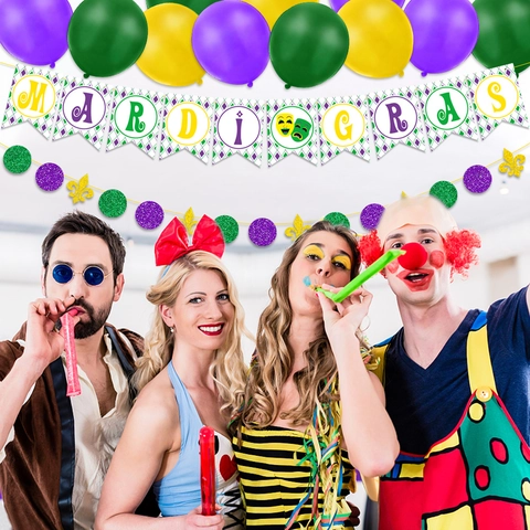 Mardi Gras Feestdecoratie Glitter Papier Banner Ballonnen Slinger Carnaval Viering Paars Groen Goud Decoratie