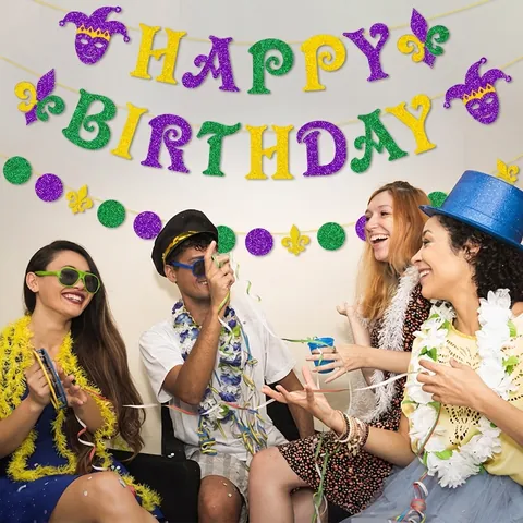 Mardi Gras Happy Birthday Banner Purple Green Gold Glitter Paper Bunting Fleur De Lis Mask Garland Party Decoration
