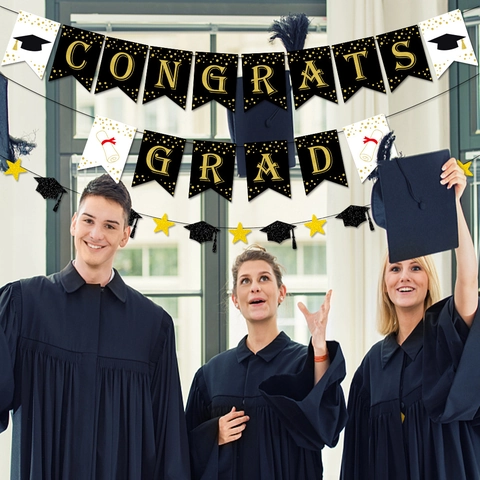 Graduation Party Banner And Cupcake Toppers Congrats Grad Glitter Paper Doctoral Hat Star Hanging Decorations