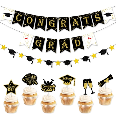 Graduation Party Banner And Cupcake Toppers Congrats Grad Glitter Paper Doctoral Hat Star Hanging Decorations
