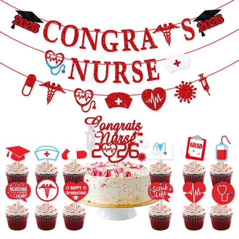 Striscione Congratulazioni Infermiera Decorazione Torta Carta Glitterata Laurea Medicina Estetoscopio Siringa Ornamento
