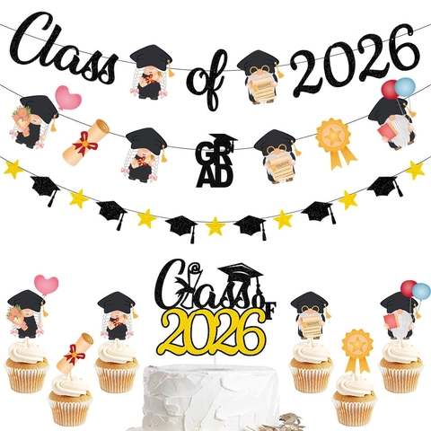 Banner Decorazione Graduazione Topper Torta Classe Del 2026 Congratulazioni Gnomo Tema Carta Luccicante