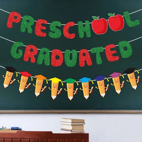 Striscione Diplomato Prescolare Glitter Decorazioni Festa Laurea Materna Arredamento Aula Ghirlanda Matita Carta