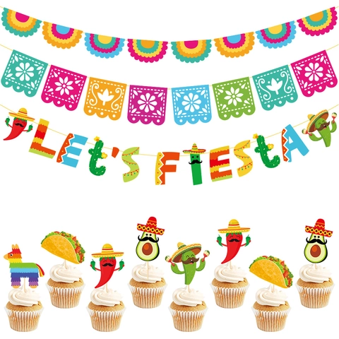 Décorations De Fête Fiesta Mexicaine Papier Lets Fiesta Bannière Cactus Piment Sombrero Toppers De Cupcake Cinco De Mayo