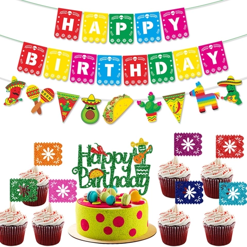 Décoration Anniversaire Fiesta Mexicaine Bannière Papier Coloré Cake Topper Taco Cactus Fournitures De Fête