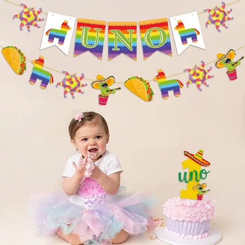 Décoration Fête Anniversaire Thème Fiesta Mexicaine Uno Bannière En Papier Guirlande Cactus Piñata Taco Topper Gâteau