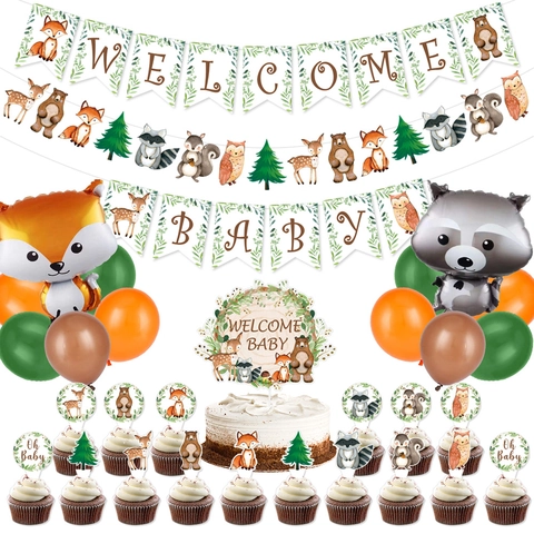 Decorazioni Per Baby Shower Animali Della Foresta Banner Welcome Baby Topper Per Torta Palloncini Tema Safari