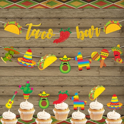 Decorazione Festa Fiesta Messicana Banner Carta Glitterata Cupcake Topper Taco Bar Tema Forniture Per Eventi Colorato