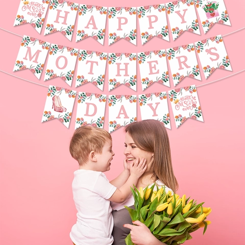 Happy Mother's Day Party Decoration Banner Glitter Paper Cake Cupcake Toppers Pink Floral Festive Ornament For Mom