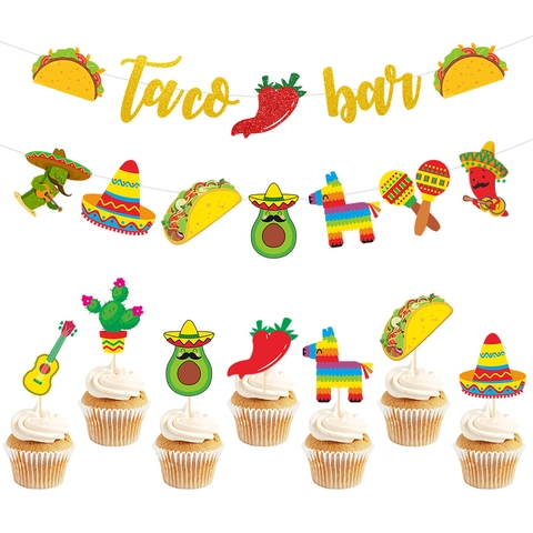 Decorazione Festa Fiesta Messicana Banner Carta Glitterata Cupcake Topper Taco Bar Tema Forniture Per Eventi Colorato