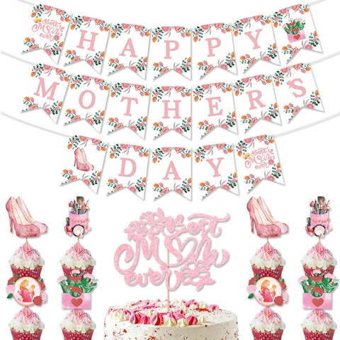 Happy Mother's Day Party Decoration Banner Glitter Paper Cake Cupcake Toppers Pink Floral Festive Ornament For Mom