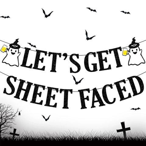 Decorazione Festa Halloween Let's Get Sheet Faced Banner E Topper Torta Carta Luccicante Fantasma Zucca Decorazioni