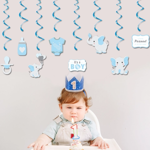 Decorazioni Spirali Appese Tema Elefante Blu Bianco Carta PVC Per Baby Shower Ragazzo Primo Compleanno Festa Soffitto Arredamento