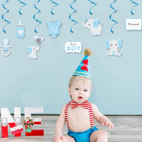 Decorazioni Spirali Appese Tema Elefante Blu Bianco Carta PVC Per Baby Shower Ragazzo Primo Compleanno Festa Soffitto Arredamento