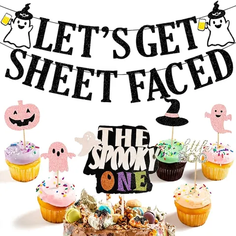 Decorazione Festa Halloween Let's Get Sheet Faced Banner E Topper Torta Carta Luccicante Fantasma Zucca Decorazioni