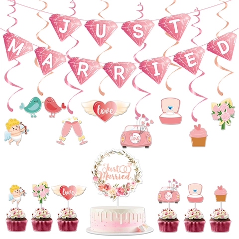 Set Decorazioni Matrimonio Banner Just Married Spirali Pendenti Decorazioni Torta Festa Romantica Carta PVC