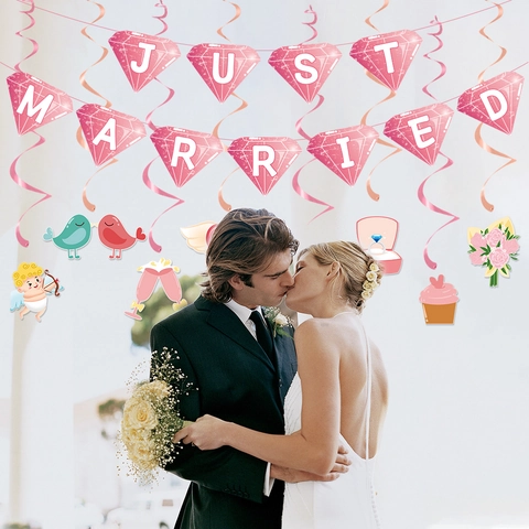 Set Decorazioni Matrimonio Banner Just Married Spirali Pendenti Decorazioni Torta Festa Romantica Carta PVC