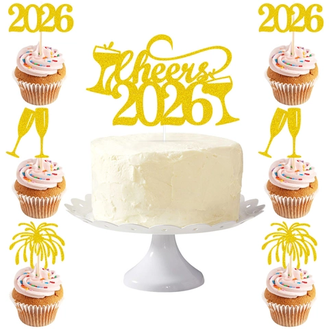 Adorno De Pastel Año Nuevo Cheers 2026 Papel Con Purpurina Cupcake Toppers Copa De Champaña Fuegos Artificiales
