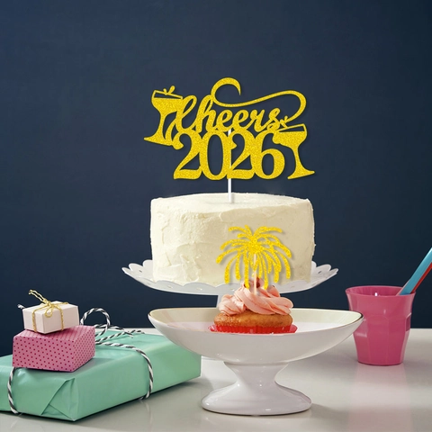 Adorno De Pastel Año Nuevo Cheers 2026 Papel Con Purpurina Cupcake Toppers Copa De Champaña Fuegos Artificiales