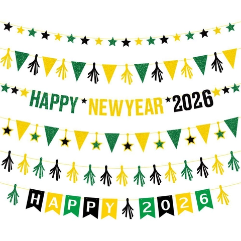 Happy New Year 2026 Banner Glitter Paper Garland Stars Triangle Flags Tassels Bunting For Party Decoration