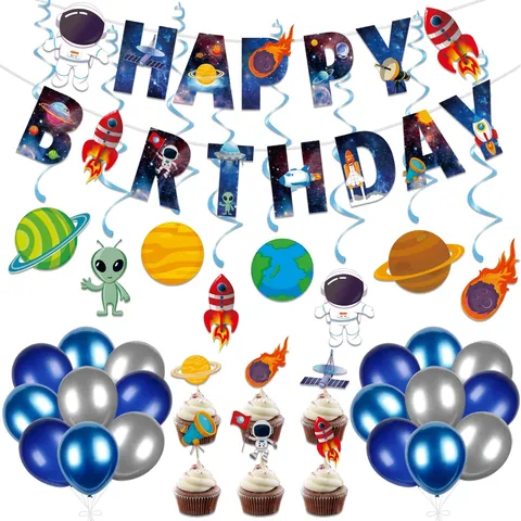 Space Birthday Party Decorations Paper Banner Astronaut Rocket Planet Hanging Swirls Cake Toppers Kids Solar System DIY