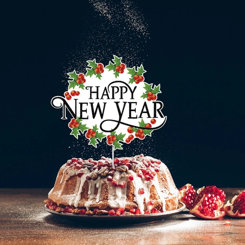 Frohes Neues Jahr Tortenaufsatz Papier Kranz Design Stechpalmenbeeren Party Dekoration Dessert Einsatz Festlich