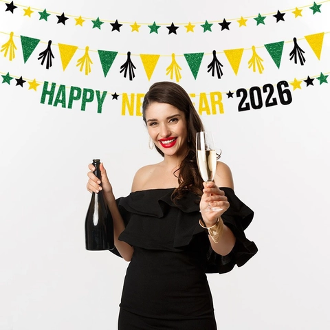 Happy New Year 2026 Banner Glitter Paper Garland Stars Triangle Flags Tassels Bunting For Party Decoration