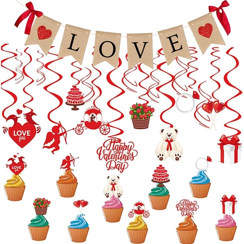 Valentinstag Dekoration Banner Sackleinen Papier Spiralwirbel Cupcake Topper Herz Bär Liebe Thema