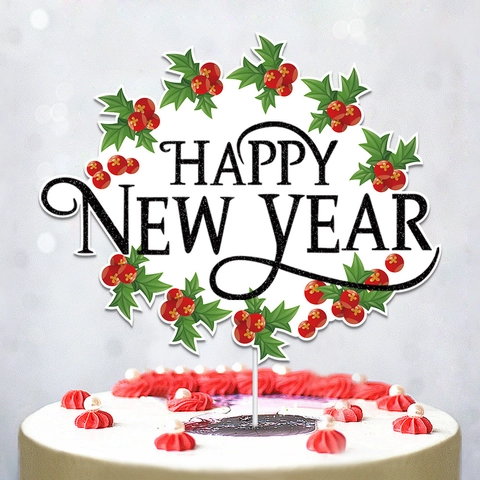 Frohes Neues Jahr Tortenaufsatz Papier Kranz Design Stechpalmenbeeren Party Dekoration Dessert Einsatz Festlich