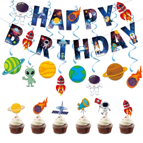 Ruimte Verjaardagsfeestje Versieringen Papieren Banner Astronaut Raket Planeet Hangende Swirls Taart Toppers Kinderen Zonnestelsel DIY