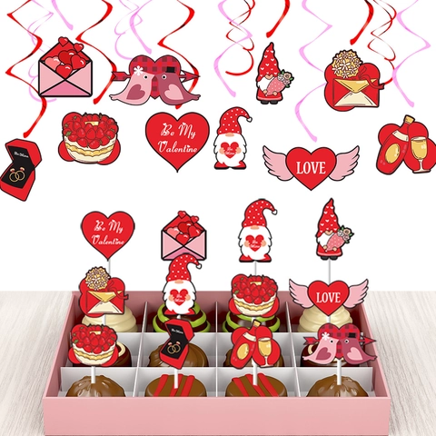 Decorazione Festa San Valentino Gnomo Cuore LOVE Topper Torta Spirali Appese Banner Carta Matrimonio Romantico