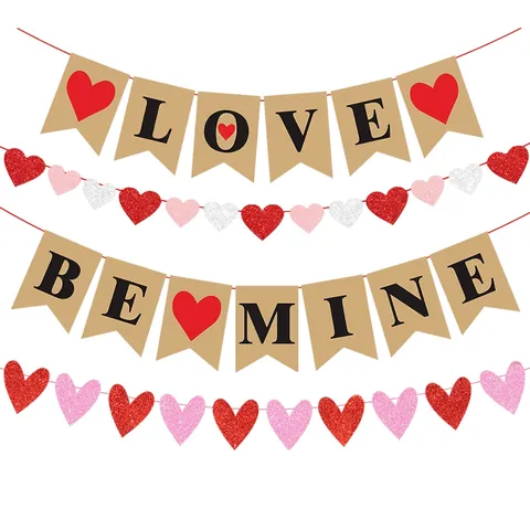 Valentine Day Banner Garland Kraft Paper Glitter Heart Be Mine Love Wedding Proposal Party Anniversary Decor Romantic
