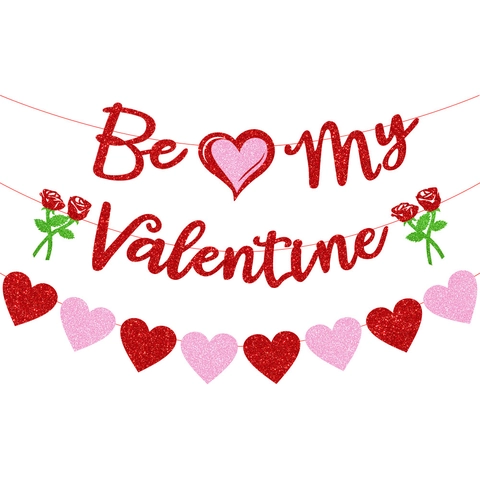 Valentine's Day Banner Be My Valentine Heart Rose Glitter Cardstock Garland Romantic Wedding Party Home Decor