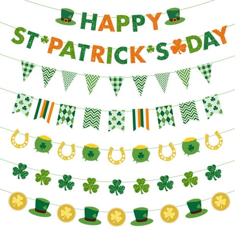 St Patrick's Day Banner Paper Shamrock Garland Gold Coin Horseshoe Green Hat Irish Festival Party Decorations