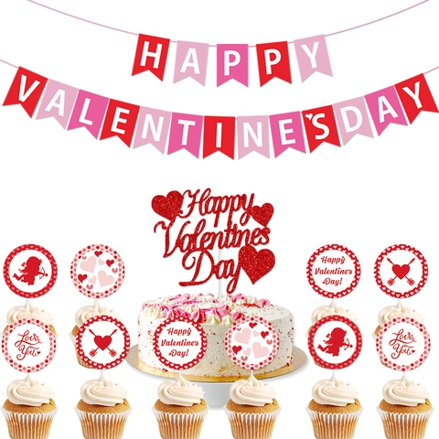 Decorazione Festa San Valentino Banner Carta Cupido Cuore Cake Toppers Arredamento Romantico Anniversario Proposta